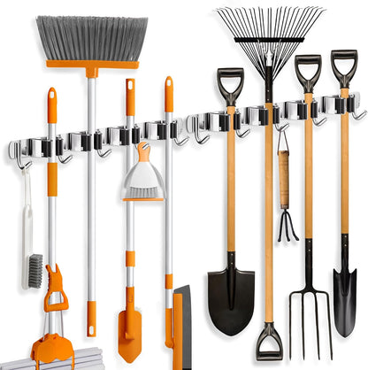 ZONGOOL 2 Pack Mop Broom Holder Wall Mount 4 Racks 5 Hooks Storage Black | 304 Rustproof Stainless Steel Broom Hanger, Non-Slip Wall Mount Organizer, Space Saving For Kitchen, Laundry, Garden