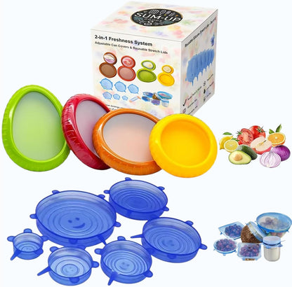 2-in-1 Produce Saver Containers with Silicone Stretch Lids (4 Containers + 6 Lids) – Avocado, Onion, Lemon, Tomato Keeper, Anti-Oxidation Food Storage, Airtight Leakproof Lids for Fridge Organizer