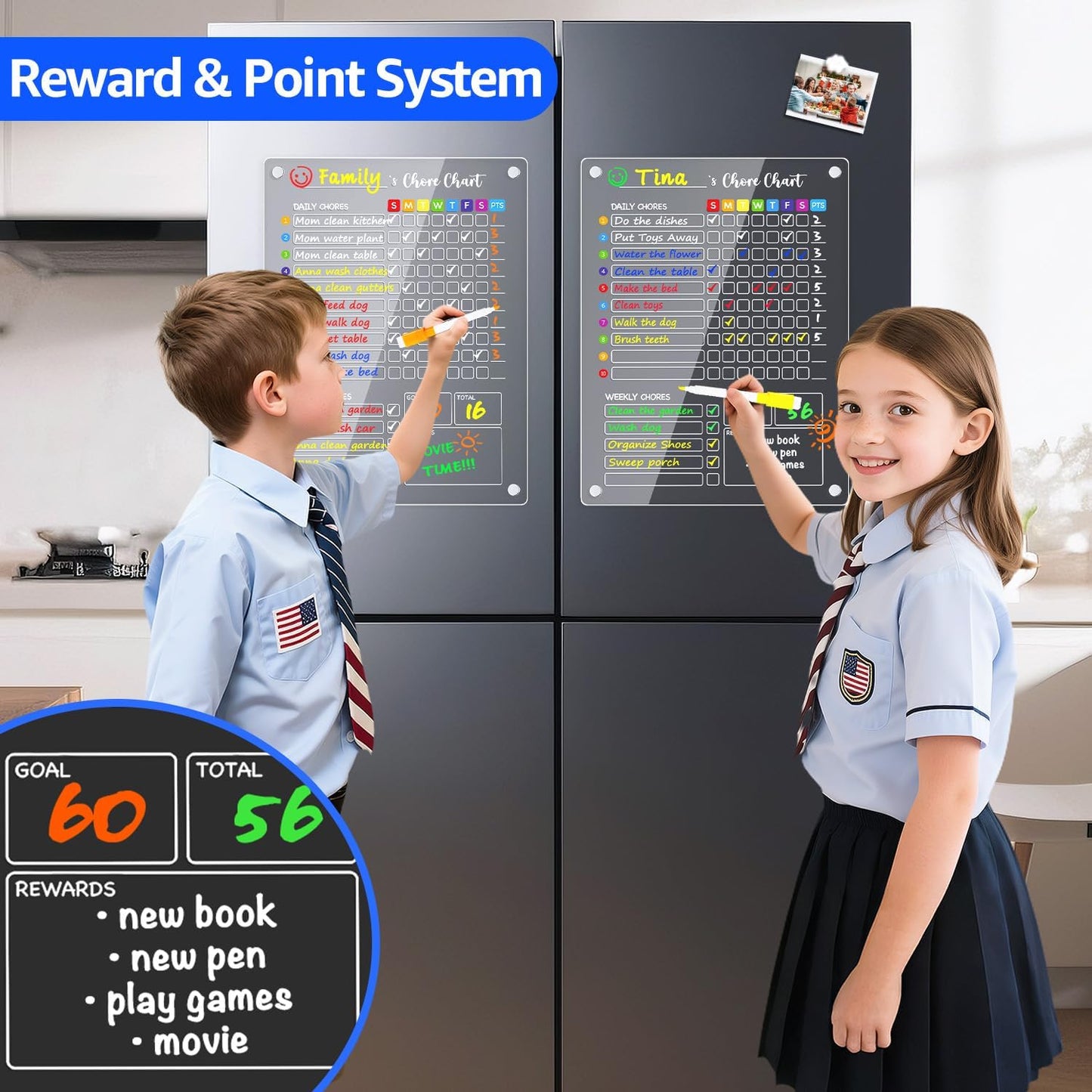 PigPotParty 2-in-1 Acrylic Magnetic Chore Chart for 2 Kids, Large 16x12 in | Clear Dry Erase Fridge Chore Board for Teens, Roommates; Vibrant Layout; Embedded Magnets; 12 Wet-Erase Markers and Towel