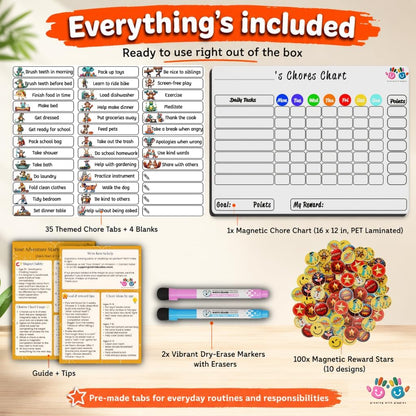 Mimi Doodle Magnetic Chore Chart for Kids – 16x12 Dry Erase Daily Responsibility Board for Fridge with 39 Chore tabs, 100 Reward Stickers – Behavior Chart for Kids at Home – Simple Theme