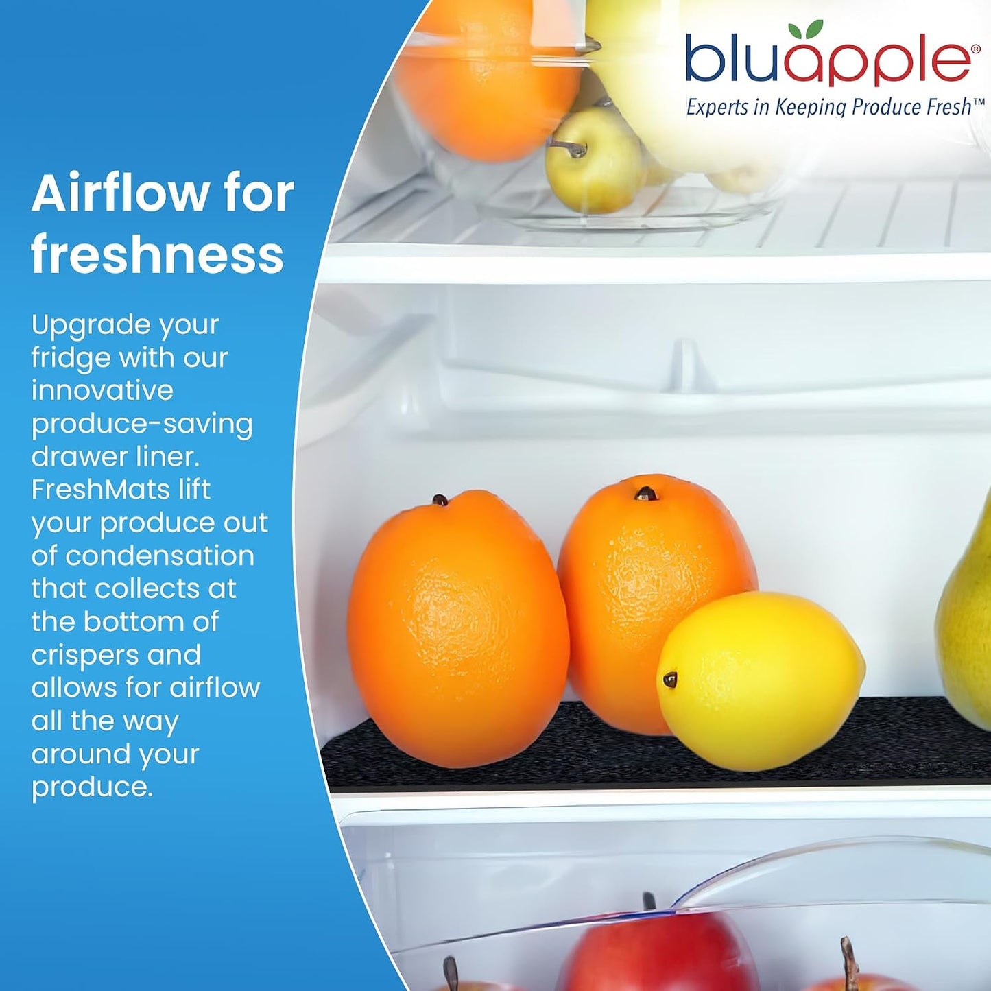 Bluapple FreshMats - Refrigerator Bin Liners, Fridge Drawer Mats - Keeps Produce Fresh Longer, Prevents Bruising, Promotes Air Circulation - BPA-Free Polyurethane Foam - (4-Piece Set, 12"x15", Green)