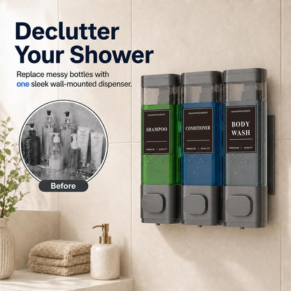 Shampoo and Conditioner Dispenser – Wall-Mounted Shower Soap Dispenser, No-Drill Installation, Lockable, 900 ml Capacity,for Bathroom & Hotel or Airbnb (Black, 3-Pack)