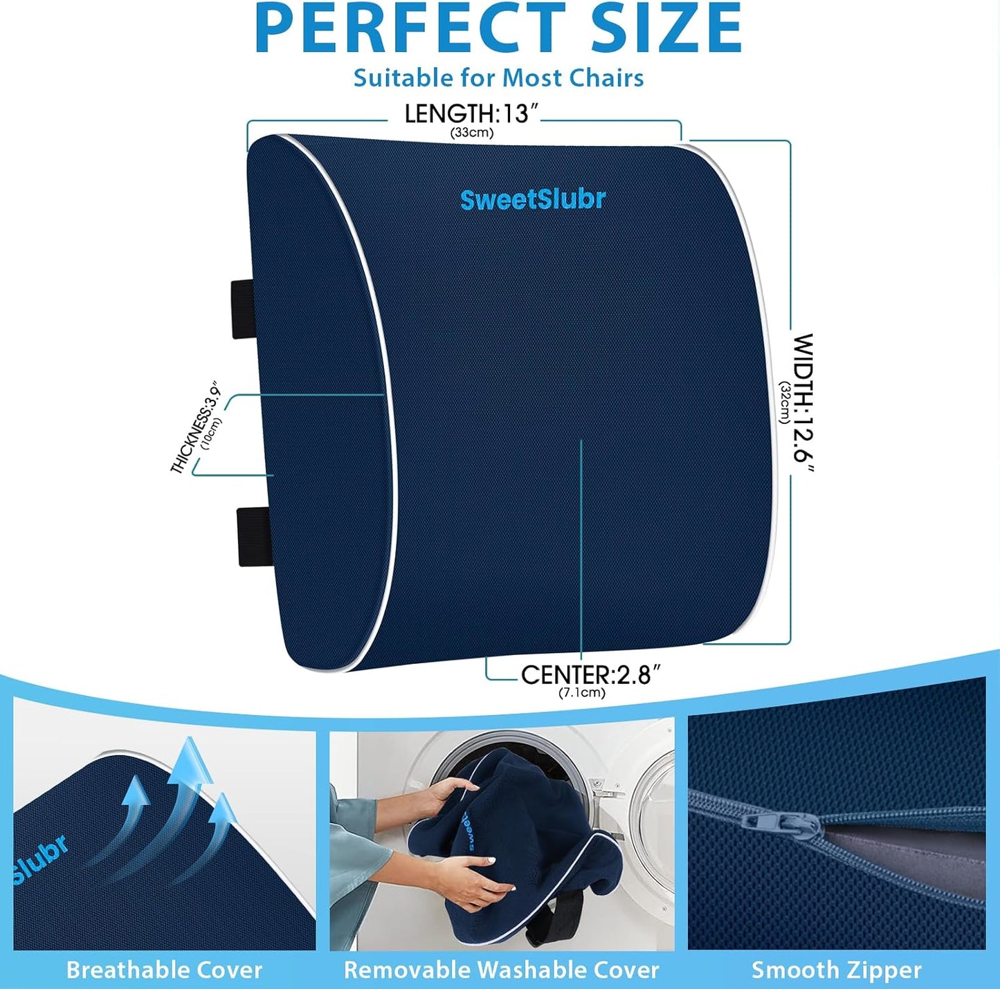 SweetSlubr Lumbar Support Pillow for Office Chair, Car & Gaming Chair, Ergonomic Memory Foam Cushion for Back Comfort, Zoned Back Support, Double Adjustable Straps, Breathable Washable Cover, Black