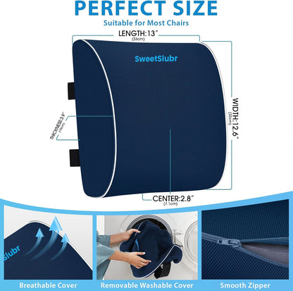 SweetSlubr Lumbar Support Pillow for Office Chair, Car & Gaming Chair, Ergonomic Memory Foam Cushion for Back Comfort, Zoned Back Support, Double Adjustable Straps, Breathable Washable Cover, Black