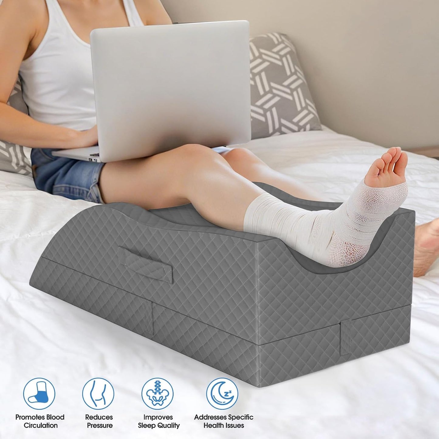 TranquilRelax Leg Elevation Pillows for After Surgery, Wedge Pillow, Grey | Memory Foam, All-around Knee & Ankle Support for Swelling, Height-adjustable, Nop-Slip Bottom, Washable Cover, Single-leg