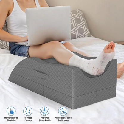 TranquilRelax Leg Elevation Pillows for After Surgery, Wedge Pillow, Grey | Memory Foam, All-around Knee & Ankle Support for Swelling, Height-adjustable, Nop-Slip Bottom, Washable Cover, Single-leg
