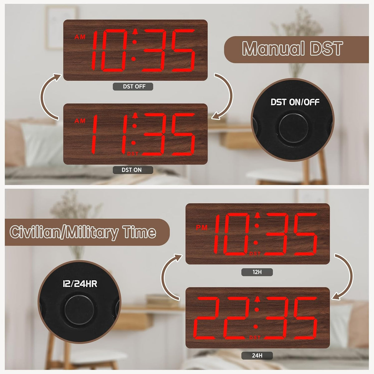 DreamSky Wooden Digital Alarm Clock for Bedroom with Large Numbers