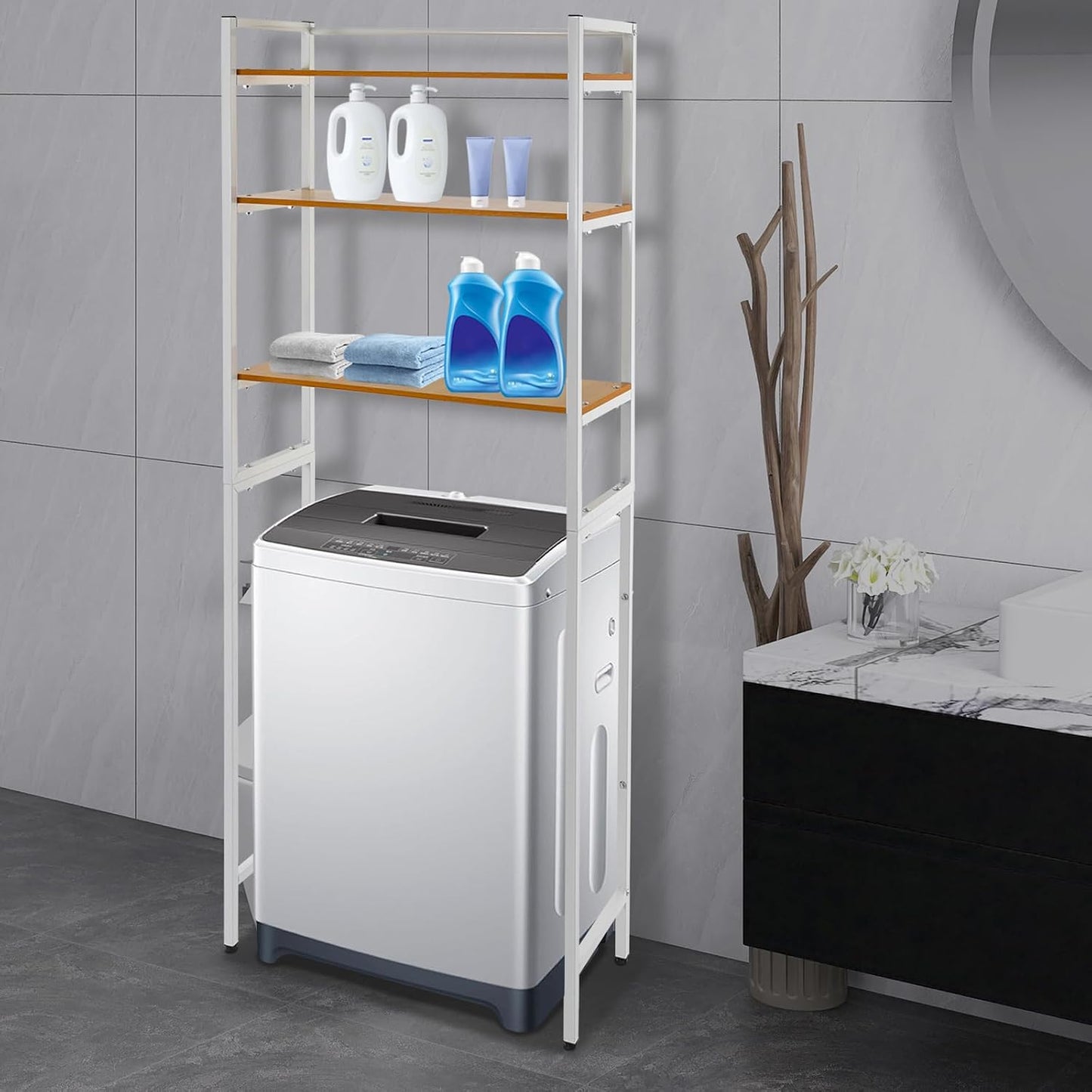 3-Tier Laundry Room Storage Shelf,Over Washer and Dryer Shelves,Floor Standing Washing Machine Storage Rack,White,Marbling