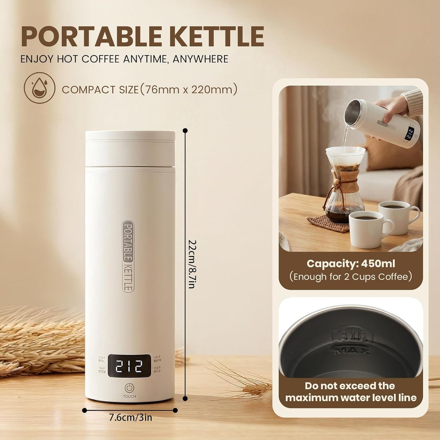 Portable Electric Kettle （120V）, Travel Tea Kettle, 316 Stainless Steel Premium Liner, 4-speed Temperature Adjustment with Auto Shut-off and Boil-Off Protection black