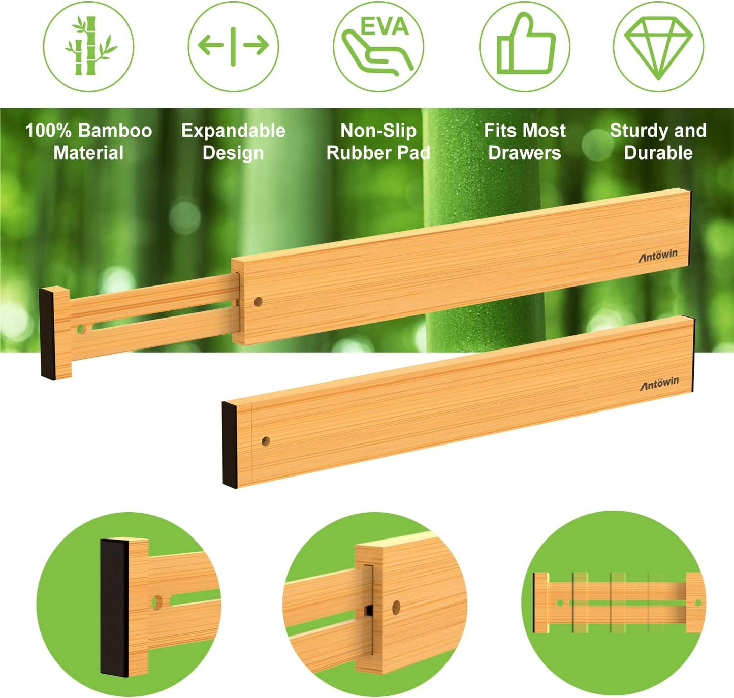 Bamboo Drawer Dividers, Expandable Drawer Separators Splitter, 17-22 inches Adjustable Spring-loaded Organizer for Large Utensil, Clothes, Tools Drawers, 6 Pack Dividers + 4 Pack Baffle