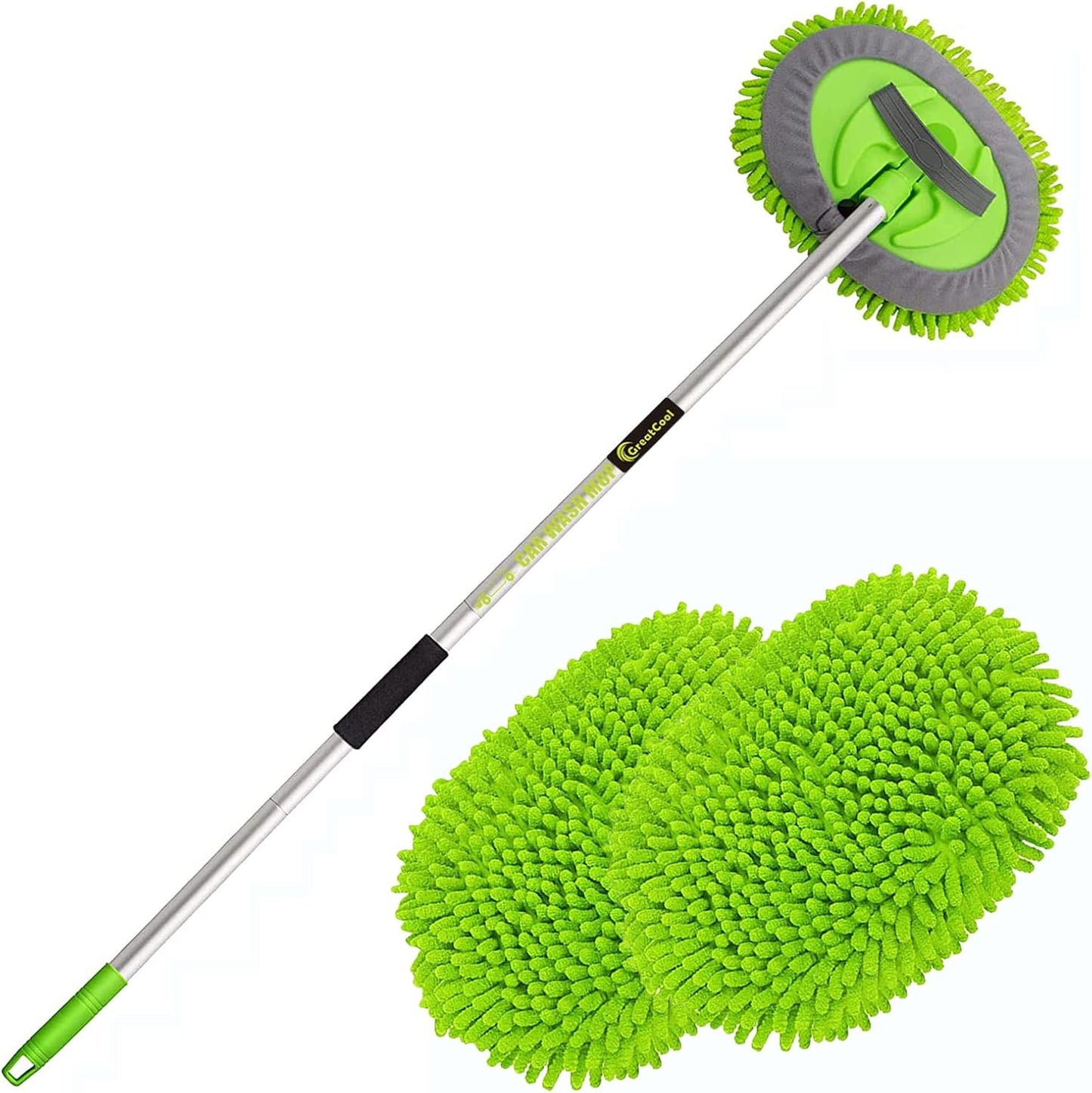 62" Car Wash Brush Mop Kit with Long Handle, 2 in 1 Chenille Microfiber Sponge Mitt Cleaning Detailing Duster for Washing Cars Truck SUV RV Caravans and Household(2 x Mop Head) (Blue)