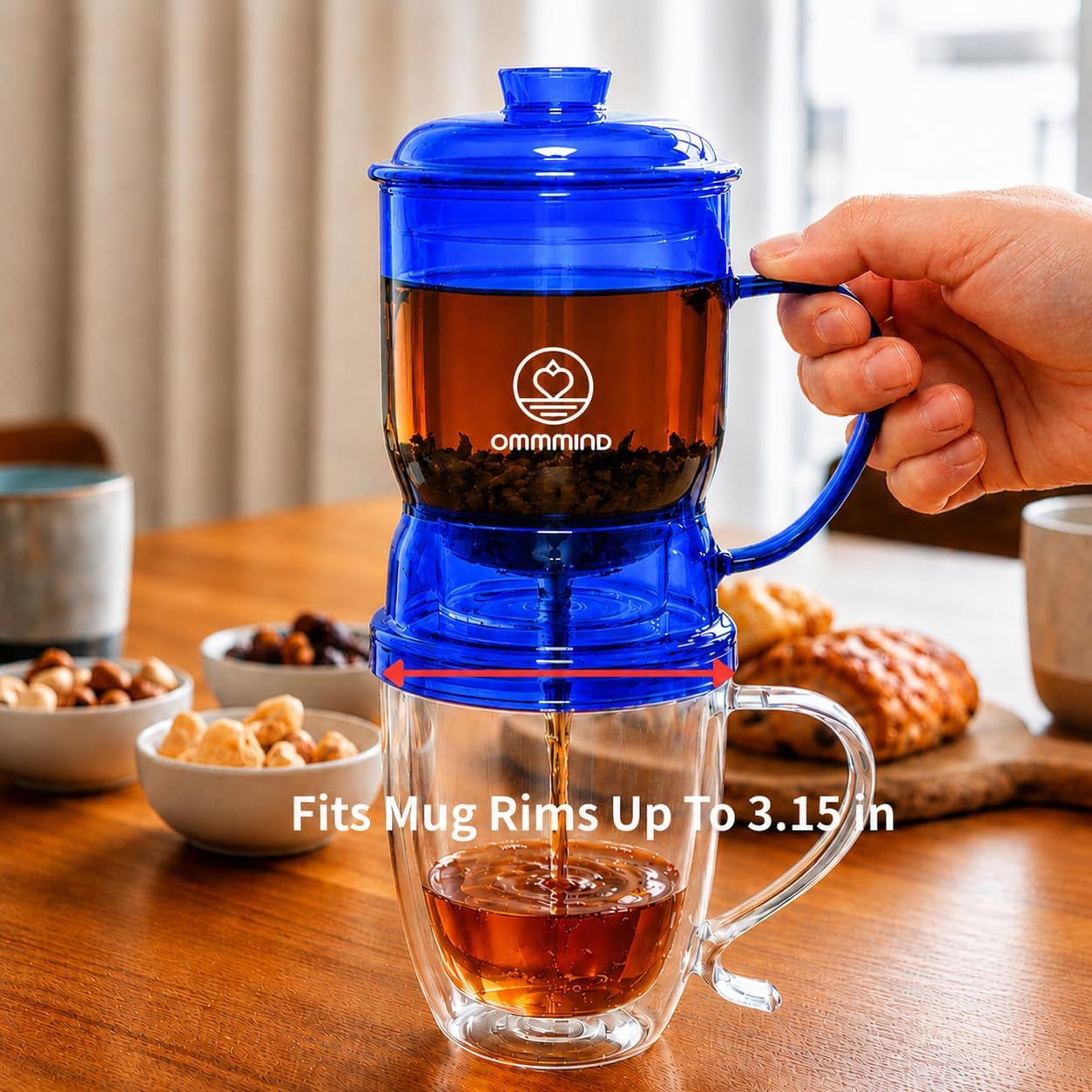Glass Tea Infuser, Easy Drain for Loose Leaf, 15.2 oz, Black | Fits rims under 3.15 in; set on mug to drain, lift to stop, helps limit bitterness. Dishwasher safe; tea bags, herbs, coffee