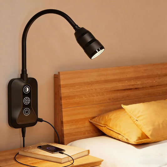 Wall Mounted Reading Light with Wave Sensor/Touch Switch, 5 Color & 5 Level Dimmable Touch Bed Lights for Reading with USB C Output, Eye-Care Reading Light for Bed,Heaboard, Dorm, Bedroom(White)