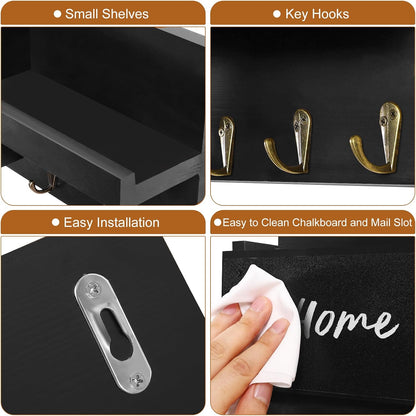 Decorative Key Hanging Rack with 8 Hooks – Easy Install Natural Wooden Key and Mail Holder for Wall Mount – Sunglasses Wallet Holder Entryway Decor with Shelf and Chalkboard (White)