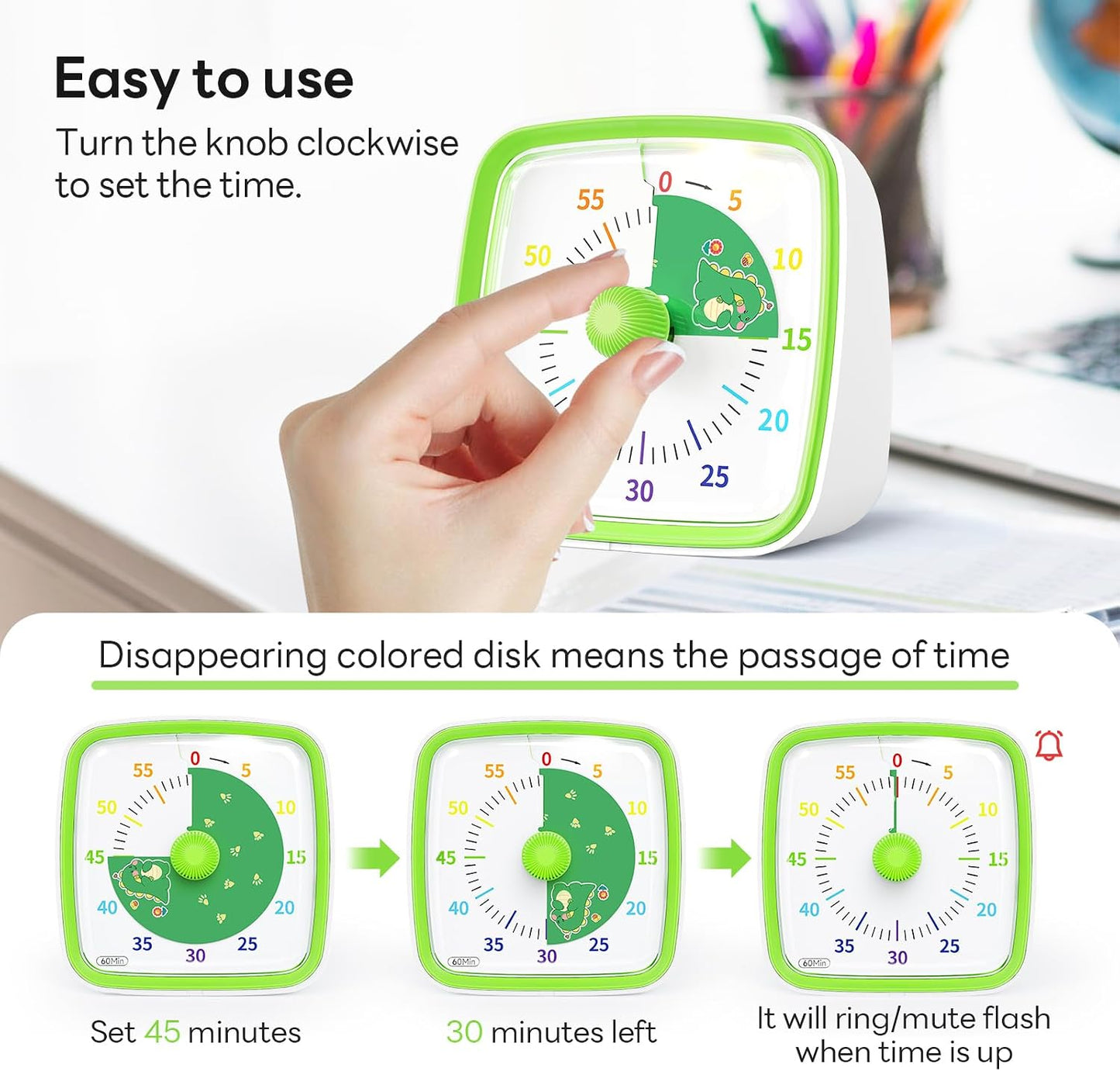 Yunbaoit Visual Timer with Night Light, 60 Minute Countdown, Light Blue | 3 Alarm Modes, Mute Flash, for Kids and Adults, Time Management Tool for Classroom, Home, School, and Work