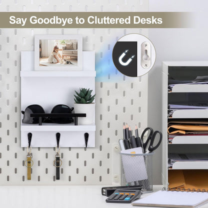 Key Holder Wall Mount, Mail Shelf Decor with 3 Key Hooks, Versatile Wood Wall Organizer for Entryway Hallway (8.2” x 10.6”x 3.6”) (White) | Farmhouse Key Hanger Holds Dog Leash, Sunglasses – Decorative Mail Organizer Home Decor