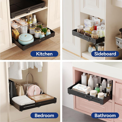 Pull out Cabinet Organizer, Full Metal Expandable Width (14.8"-20.8") & Depth (12.4"-17.7") Adjustable Slide out Drawers, No Drill Adhesive Roll out Shelves for Kitchen Pantry, White