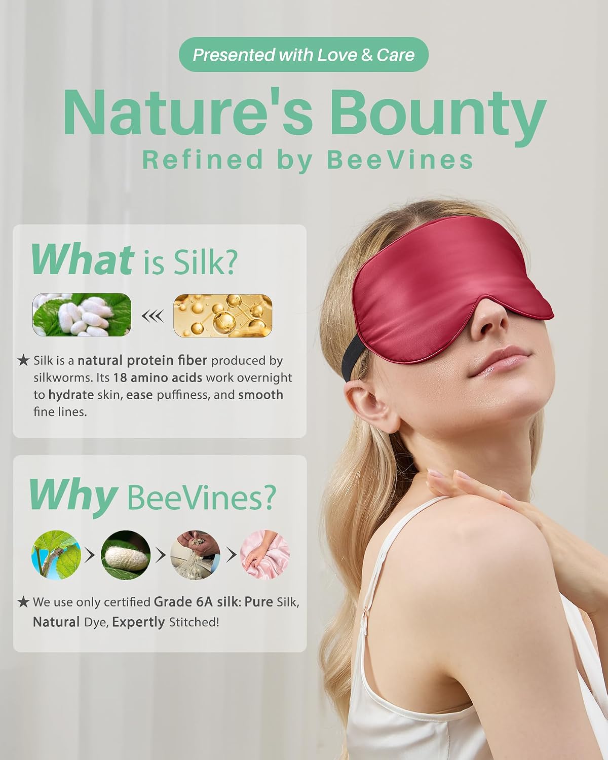 BeeVines 100% Mulberry Silk Sleep Mask, Light Blocking Eye Masks (2 Packs)
