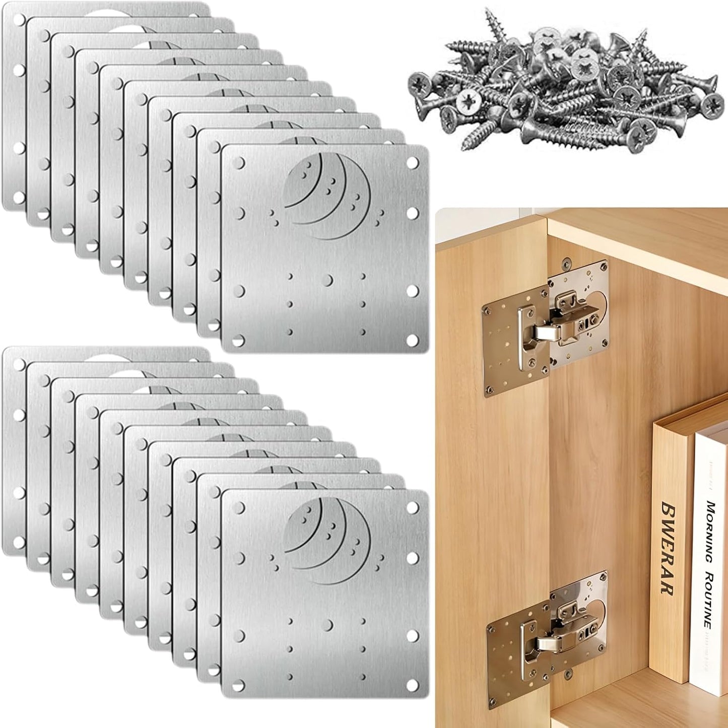 20PCS Upgraded Cabinet Hinge Repair Plate Kit, Stainless Steel Door Hinge Mounting Plate, Large Cabinet Hinge Fix Board with Screws for Kitchen Cabinet, Cupboard Doors, Furniture Hinge Reinforcement