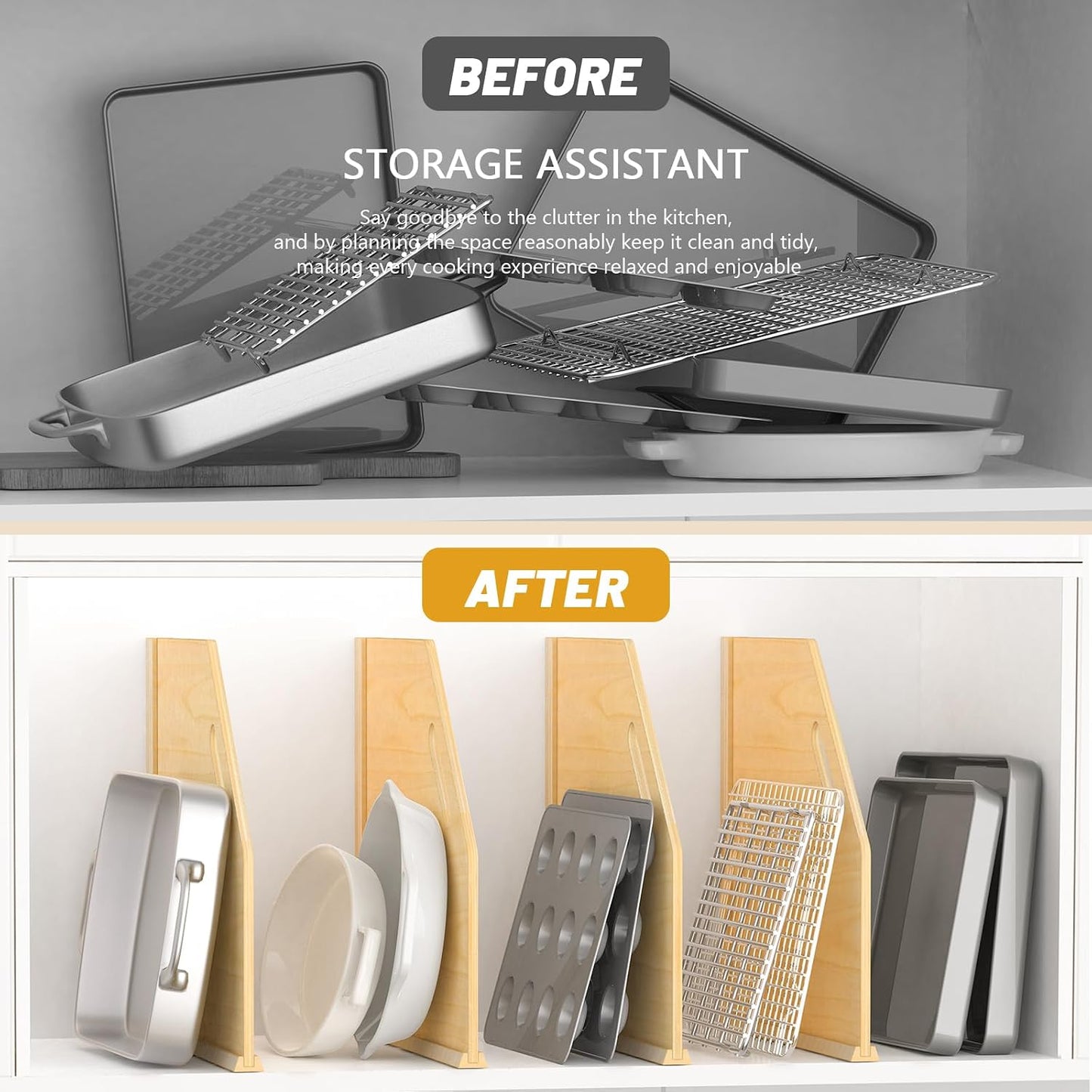 6 Pack Wood Tray Dividers Organizer For Kitchen Cabinet | Adjustable Vertical Cookie Sheet Organizer, Cabinet Dividers Organizer For Pots, Cutting Board, Pans, Lids, Baking Sheets
