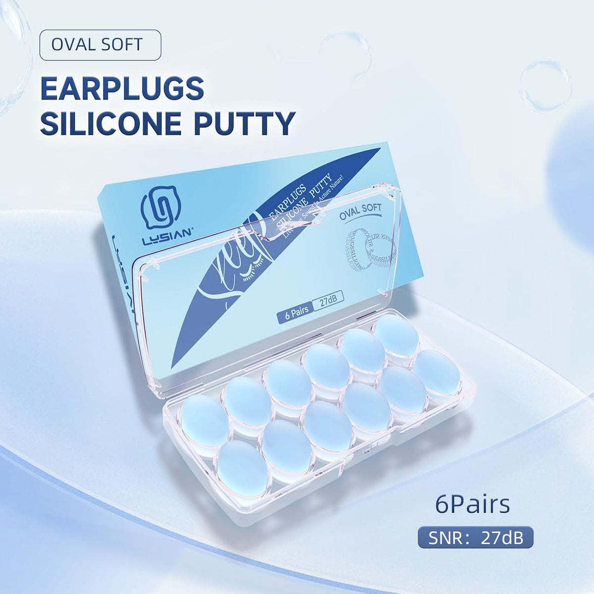 LYSIAN 27dB Moldable Silicone Ear Plugs for Sleep and Swim, 6 Pairs, Blue