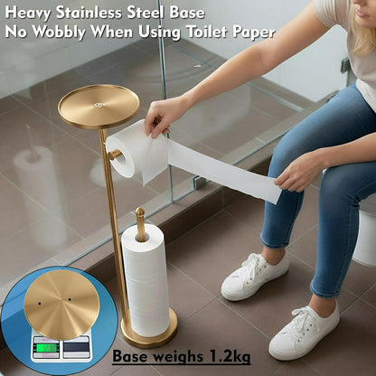 Gold Toilet Paper Holder with Shelf, Tissue Roll Holder Stand with Storage for Holding Extra 4 Toilet Paper Rolls, Stainless Steel Rustproof Freestanding (Brushed Gold)