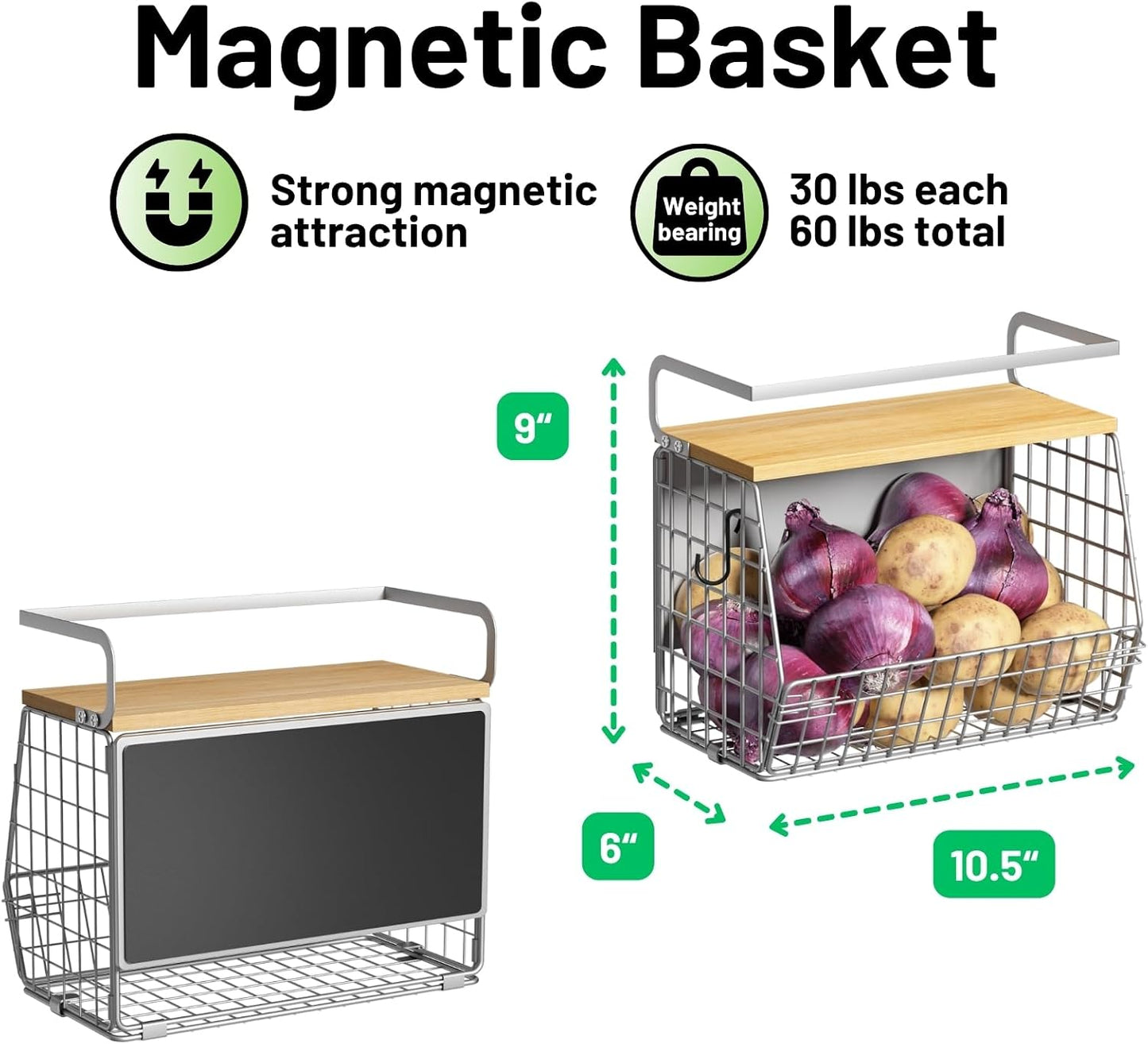 Magnetic Shelf for Fridge with Wood Lid, Fruit Potato and Onion Storage Bins, Pantry Organizers & Storage, Large Container Magnetic Spice Rack for Refrigerator, Kitchen Counter, Cabinet | Strong magnet holds 50lbs, ventilated bin for produce, versatile