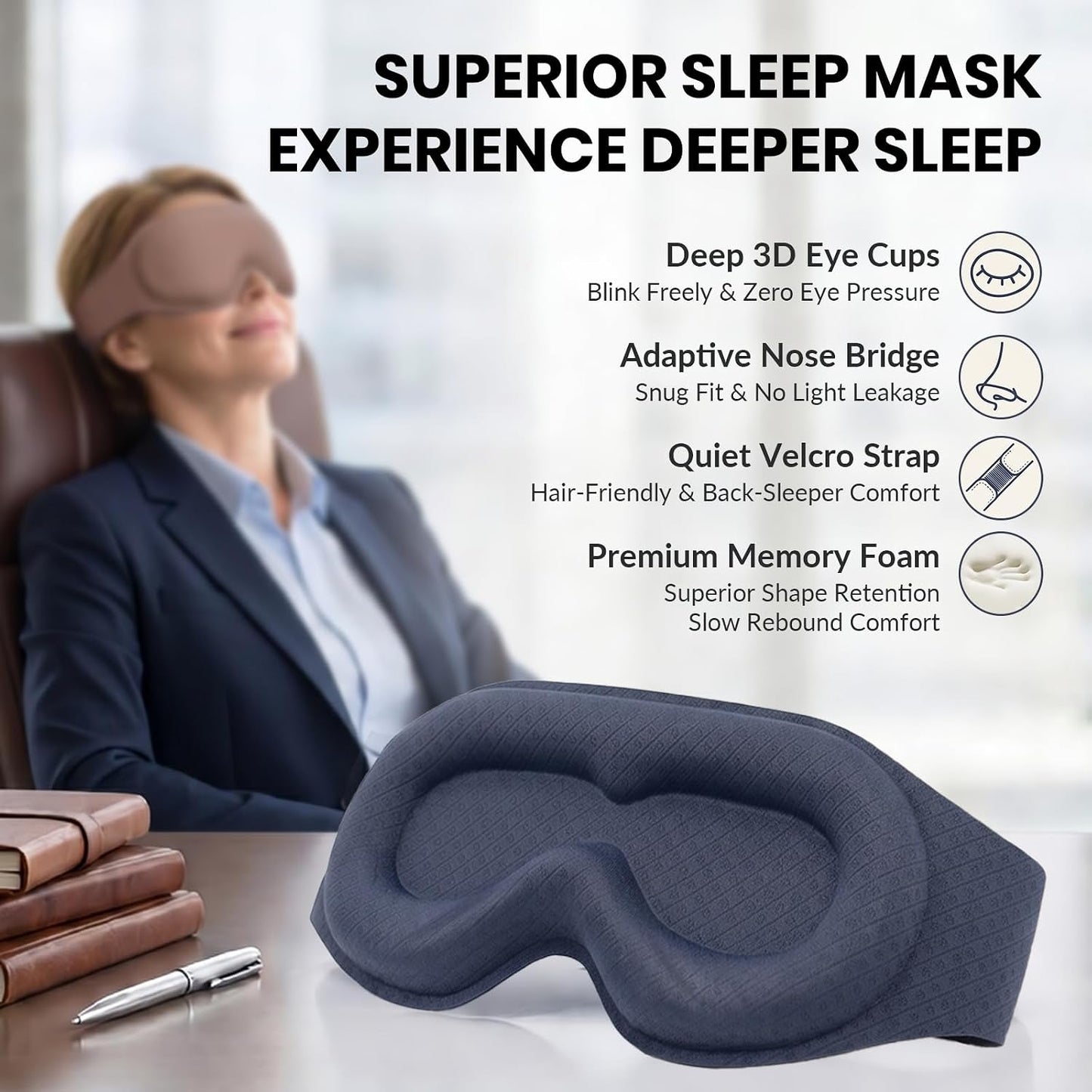 Maximum Blackout Sleep Mask for Deep Sleep, 3D Eye Mask with Spacious Eye Cups, Zero Eye Pressure, Long Eyelash & Lash Extension Friendly, Eye Cover for Travel/Shift Work/Daytime Sleep, Black