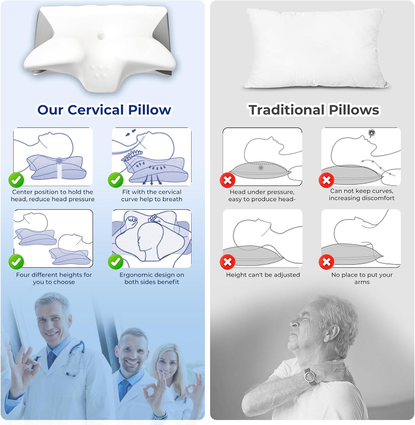 Cervical Pillow for Neck Pain Relief, Cooling Contour Memory Foam Pillows Support Odorless Ergonomic Neck Pillow Adjustable Orthopedic Bed Pillow for Side Back Stomach Sleeper with Pillowcase,Snow