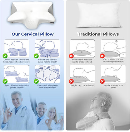 Cervical Pillow for Neck Pain Relief, Cooling Contour Memory Foam Pillows Support Odorless Ergonomic Neck Pillow Adjustable Orthopedic Bed Pillow for Side Back Stomach Sleeper with Pillowcase,Snow