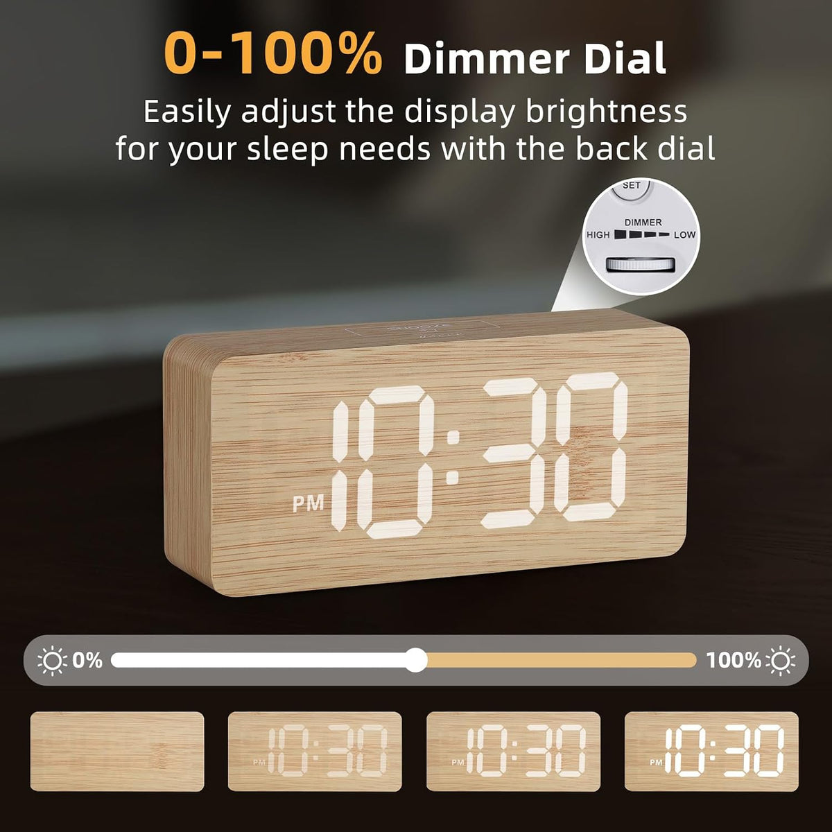 uscce Wooden Digital Alarm Clocks for Bedrooms with 0-100% Dimmable Display