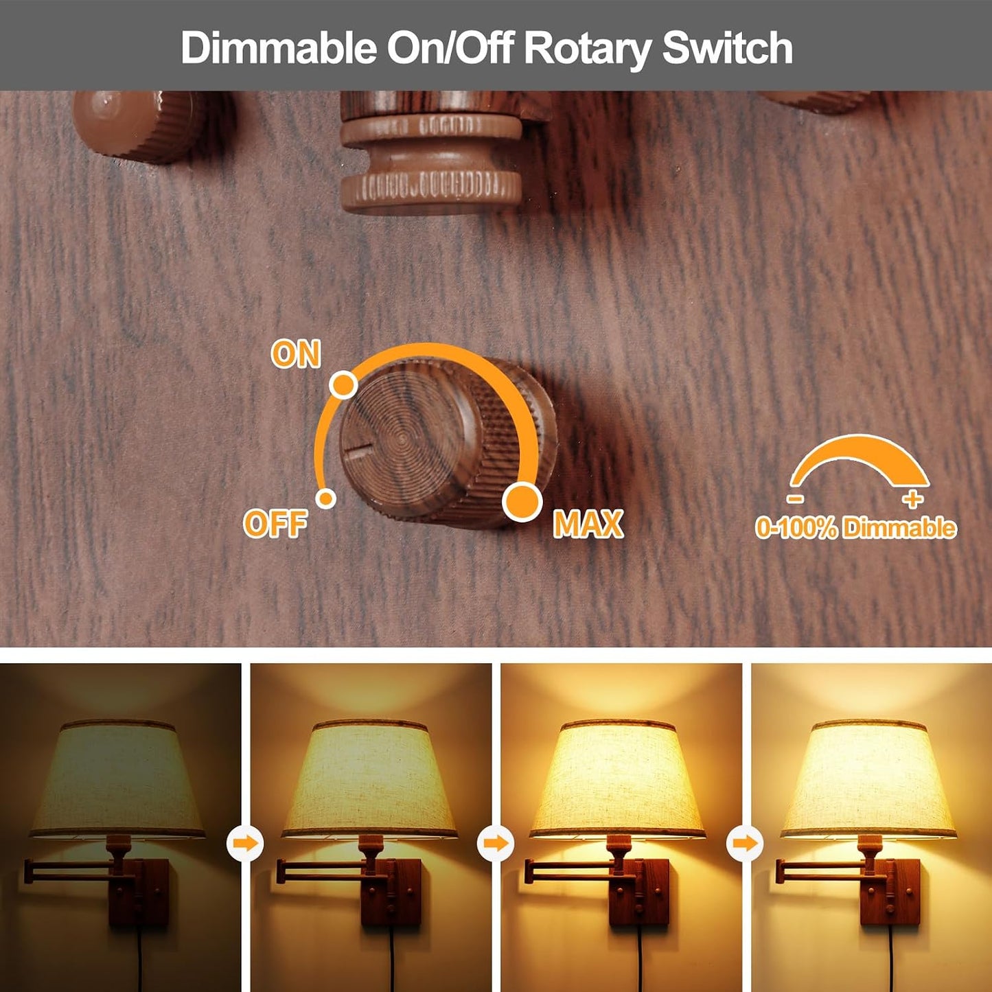 TRLIFE Wall Sconce Plug in, Dimmable Wall Sconces Set of Two Swing Arm Wall Lights with Plug in Cord and On/Off Dimmer Rotary Switch, 9.4" Medium Beige Fabric Shade(2 Pack, 2 Bulbs)