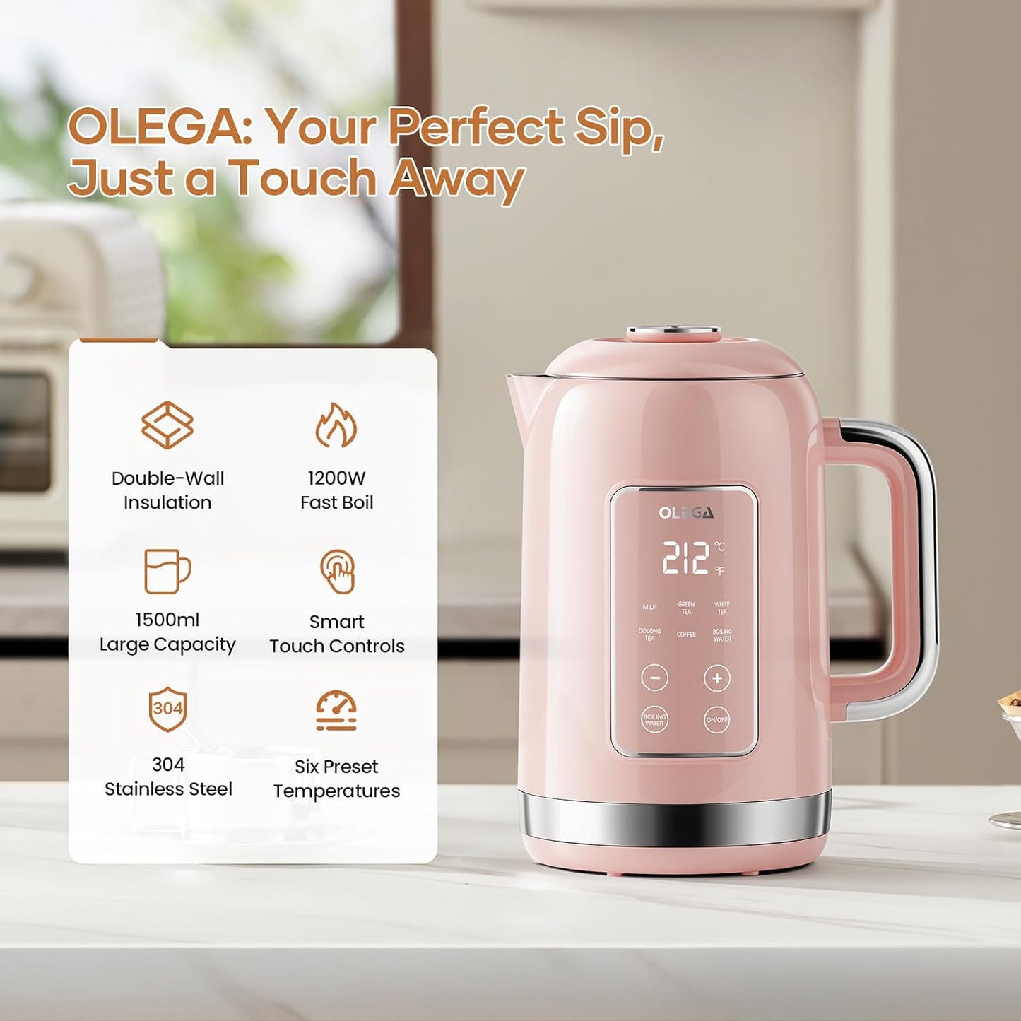 Electric Kettle Temperature Control: OLEGA 1.5L Smart Kettle 1200W | Stainless Steel Hot Water Boiler, 6 Temp Presets, Fast Boiling Electric Tea & Coffee Kettle