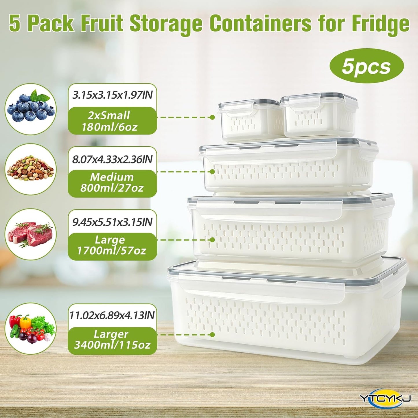5-Pack Fruit Storage Containers for Fridge with Removable Colanders & Lids | Clear Plastic Produce Storage Containers for Fruits, Veggies, Salad, Berries | Leak-Proof, Microwave Safe