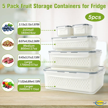 5-Pack Fruit Storage Containers for Fridge with Removable Colanders & Lids | Clear Plastic Produce Storage Containers for Fruits, Veggies, Salad, Berries | Leak-Proof, Microwave Safe