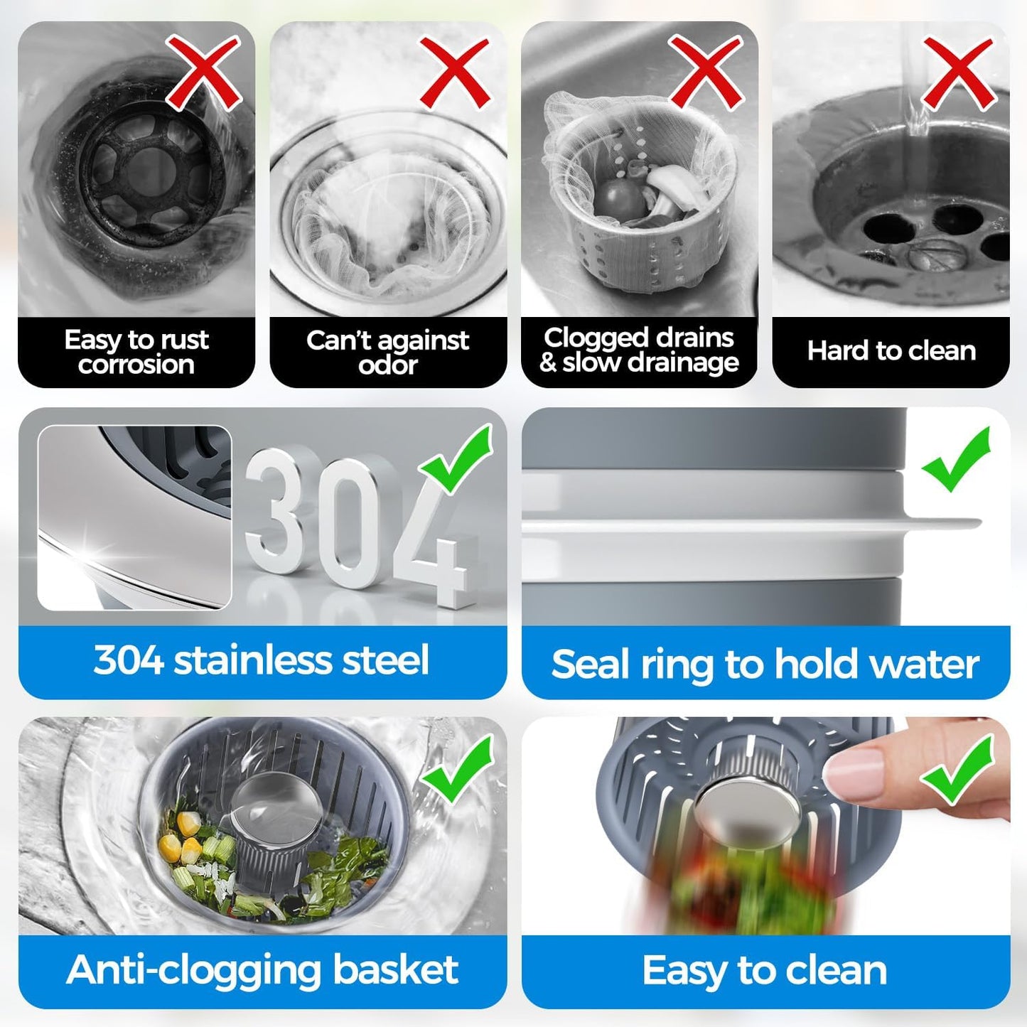 3 in 1 Kitchen Sink Drain Strainer Stopper Removable Basket Pop-Up | Kitchen Sink Food Strainer 1 Pack Silver Stainless - Food Catcher, Odor-Block Seal, Fits 3.5" Drain, Easy Clean