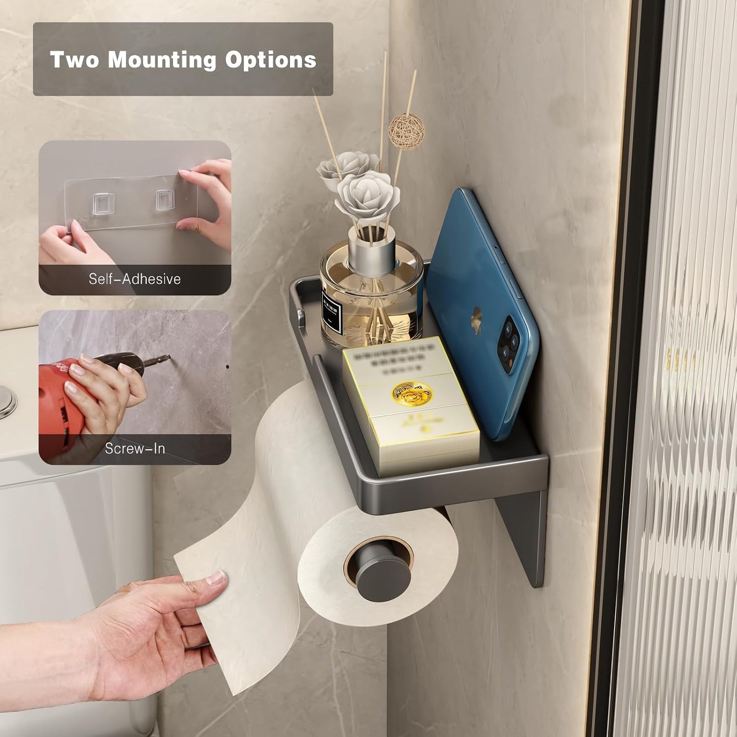 VOLDRA Toilet Paper Holder with Shelf Black Wipes Dispenser for Bathroom Toilet Paper Holder with Storage Upgrade Drawer Design Toilet Tissue Holder Adhesive Small Bathroom Shelf Wall Mount