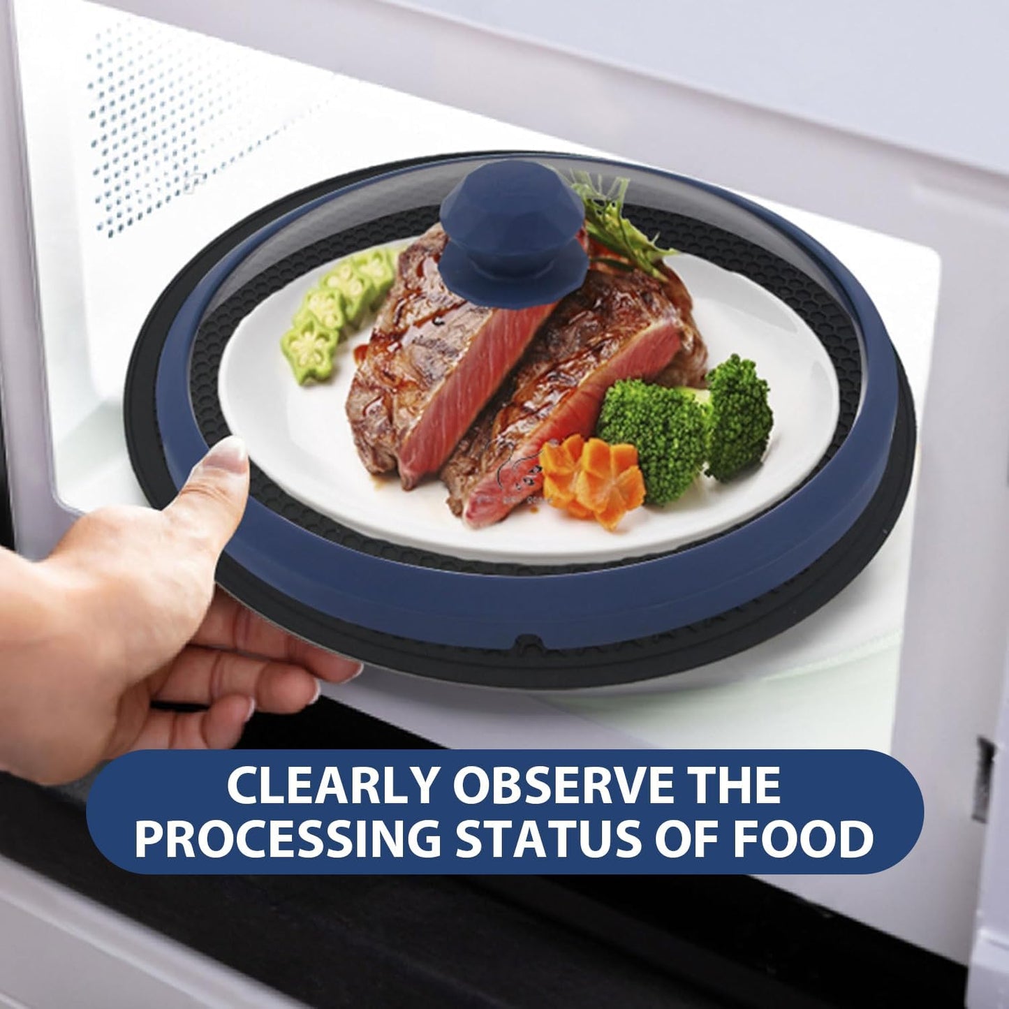 Microwave Glass Cover Splatter Guard Lid with Anti-scald Silicone Handles and Vented Edge for Food Pot Plate Cover 10.5 inch Blue