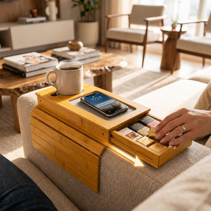 Sofa Arm Tray with Drawer, Bamboo Couch Armrest Table, Natural | Anti-slip phone pad | Wood finish | Hidden storage for remote, glasses, snacks | Fits armchair, recliner, chair, arm rests