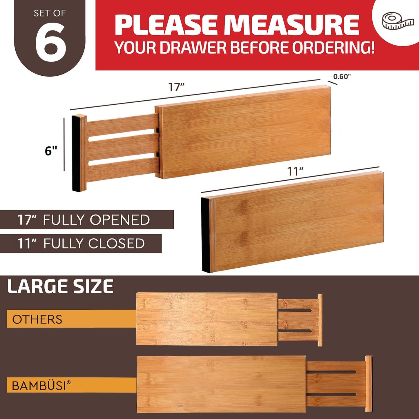 6-Pack Deep Drawer Dividers 4-Inch High Dresser Drawer Organizer, Bamboo | Adjustable 11.5-17 Inch Spring-Loaded Separators for Clothes, Utensils, Socks, Bedroom, Bathroom, Kitchen, Office, No Tools
