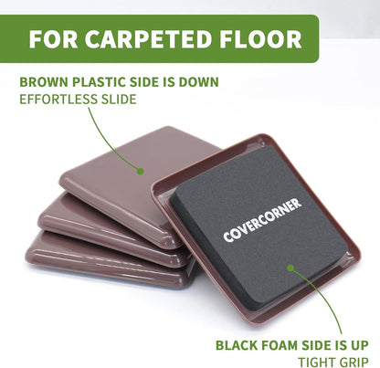 Furniture Sliders for Carpet 8 PCS - 3 1/2" Brown | Furniture Moving Sliders, Carpet Sliders for Furniture, Square Furniture Movers Sliders - Move Your Furniture Easily & Safely