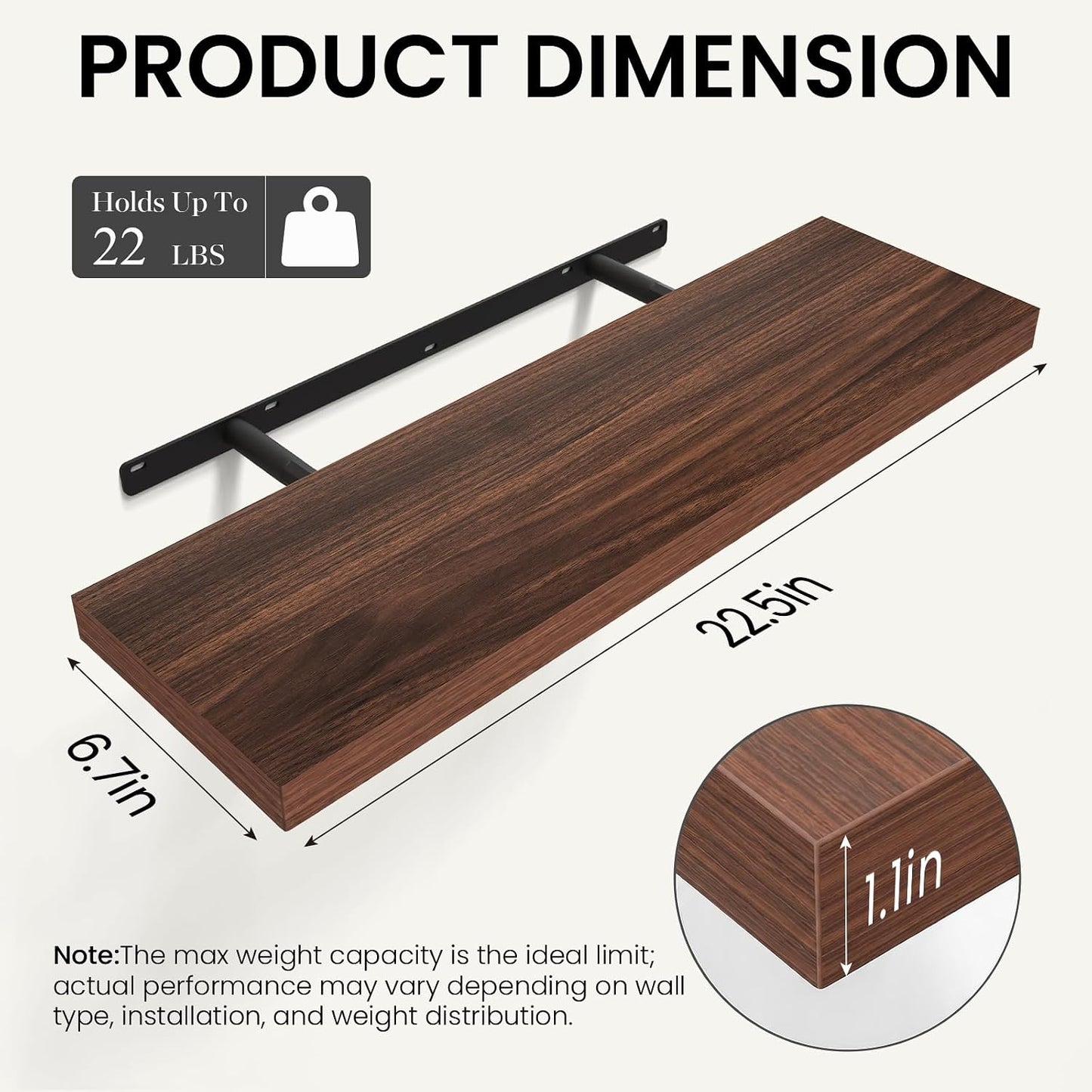 BAYKA Rustic Brown Floating Shelves 22.5in, Set of 2, Wall Mount Wood Shelf | Easy Install, 22lbs Max Load, Hidden Bracket, for Bathroom Bedroom Living Room or Kitchen, Hanging Shelf Book Decor Storage