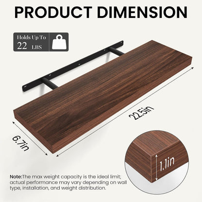 BAYKA Rustic Brown Floating Shelves 22.5in, Set of 2, Wall Mount Wood Shelf | Easy Install, 22lbs Max Load, Hidden Bracket, for Bathroom Bedroom Living Room or Kitchen, Hanging Shelf Book Decor Storage
