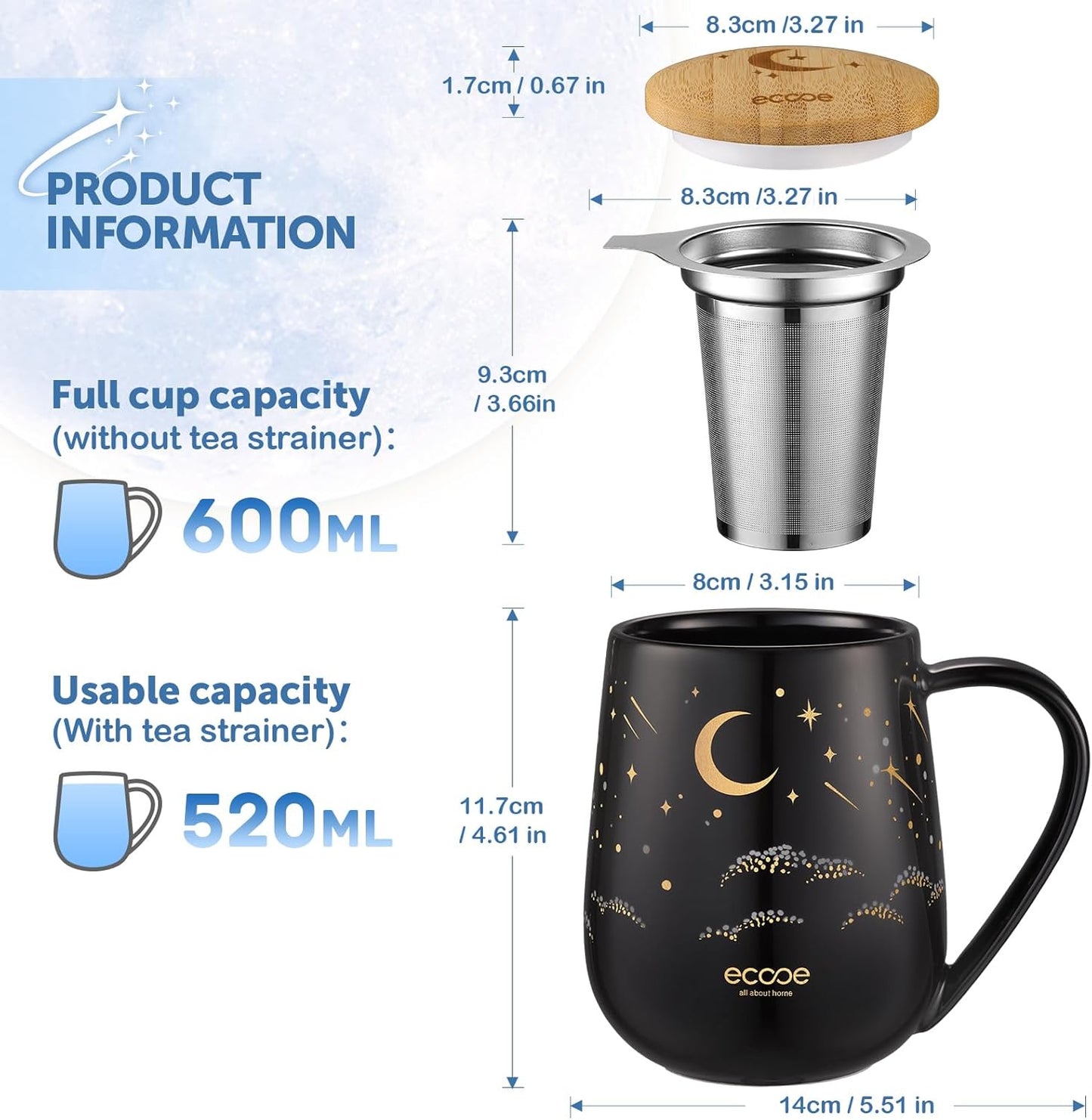 ecooe Tea Infuser Mug 20.3oz Ceramic Tea Cup with Removable Stainless Steel Infuser and Lid, 600ml Tea Mug for Loose Leaf Tea Coffee Milk, Gifts for Women Parents Friends Office Home (Black)