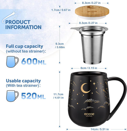 ecooe Tea Infuser Mug 20.3oz Ceramic Tea Cup with Removable Stainless Steel Infuser and Lid, 600ml Tea Mug for Loose Leaf Tea Coffee Milk, Gifts for Women Parents Friends Office Home (Black)