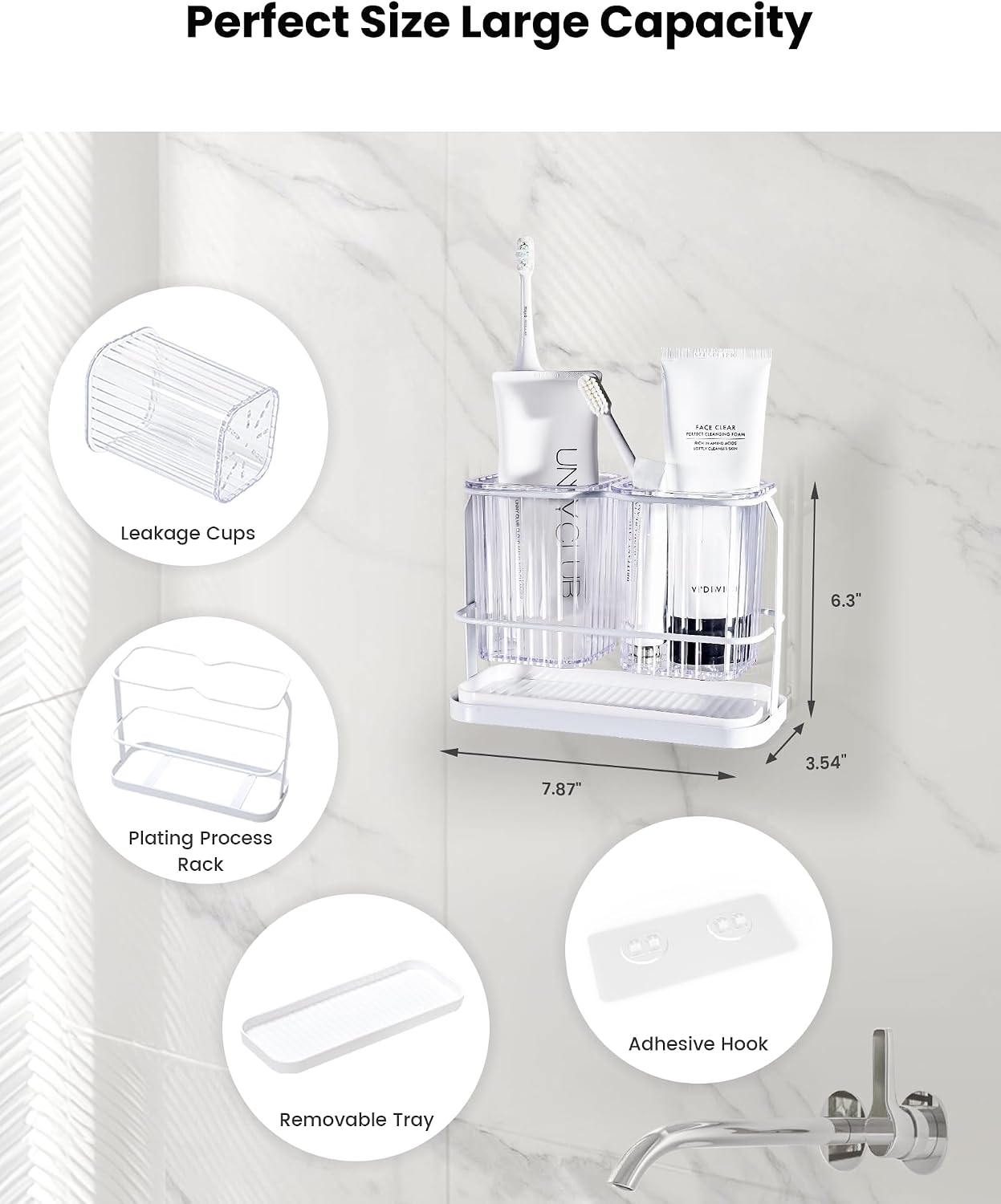 Clear Toothbrush Holders for Bathroom, 2 Cups Wall Mounted, Dry & Wet Separation, Organizers and Storage Set for Family Kids
