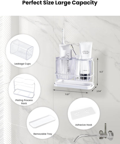 Clear Toothbrush Holders for Bathroom, 2 Cups Wall Mounted, Dry & Wet Separation, Organizers and Storage Set for Family Kids