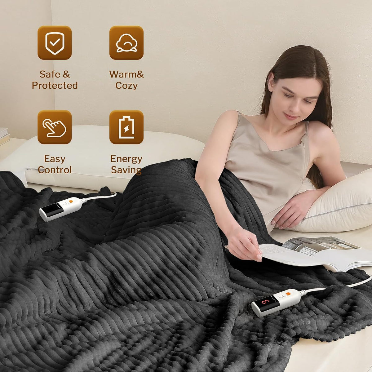 Reaks Heated Throw Blanket, 5 Heat Levels, 3 Hours Auto-Off, 50"x60", White