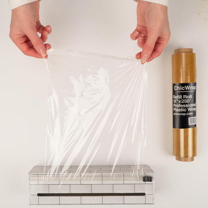 ChicWrap Subway Tile Plastic Wrap Dispenser - Includes 9"x250' roll | Small, Reusable Plastic Wrap Dispenser with Four Non-Slip Rubber Feet and Slide Cutter