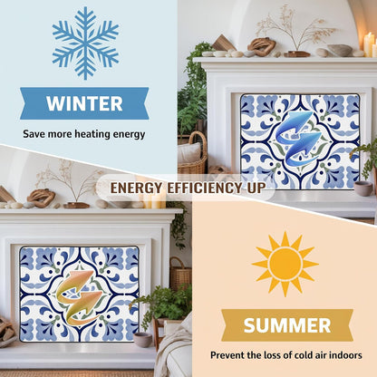 Magnetic Fireplace Cover Bird Branches Fireplace Screen Decorative Green Leaves Frame Insulation Fireplace Blocker Blanket Save Energy Fireplace Draft Stopper Covers for Living Room 45x34 Inch